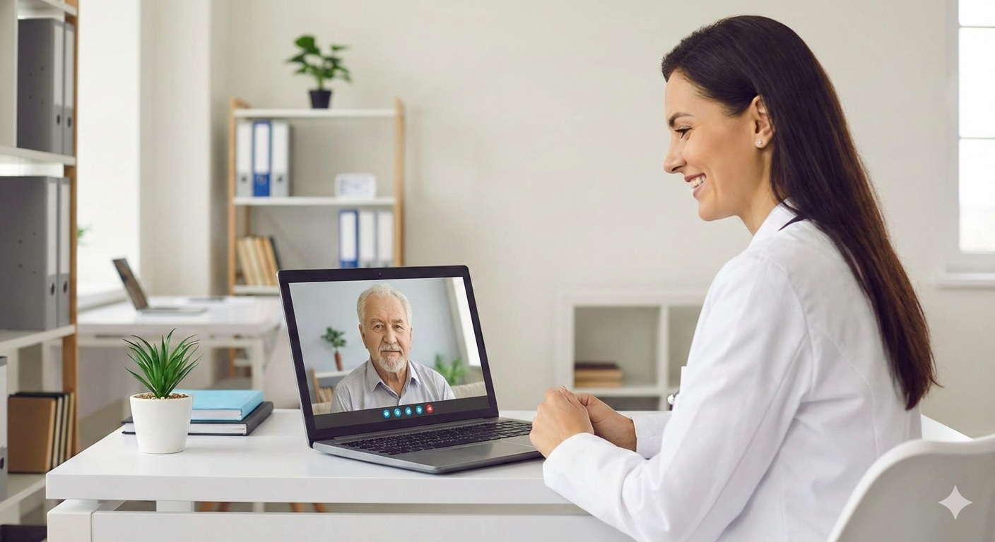 Médico realizando consulta online com paciente